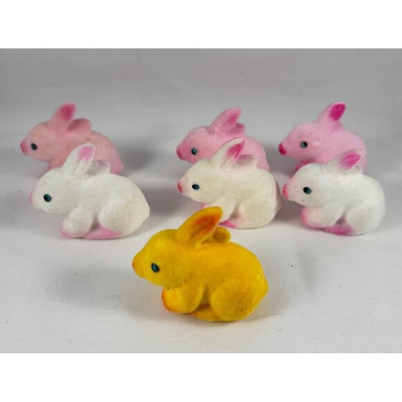 Set Of 7 Vintage Flocked Miniature Bunny Figurines - Picture 1 of 4